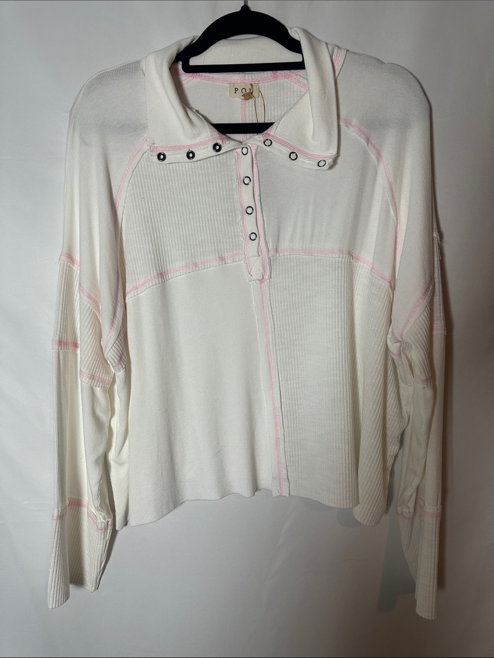 POL Cori top White Long-Sleeve Polo Top with Pink Contrast Stitching